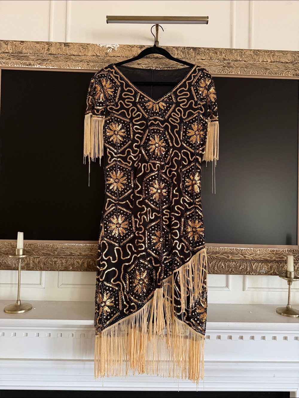 Black & Gold Beaded Fringe Evening Dress